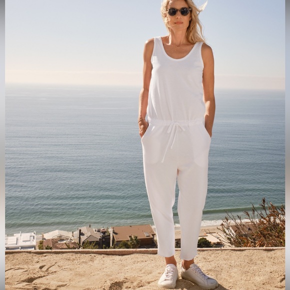 FRANK & EILEEN Heritage Jersey Tank Jumpsuit White Sz Large Coastal Beachy - Picture 1 of 14